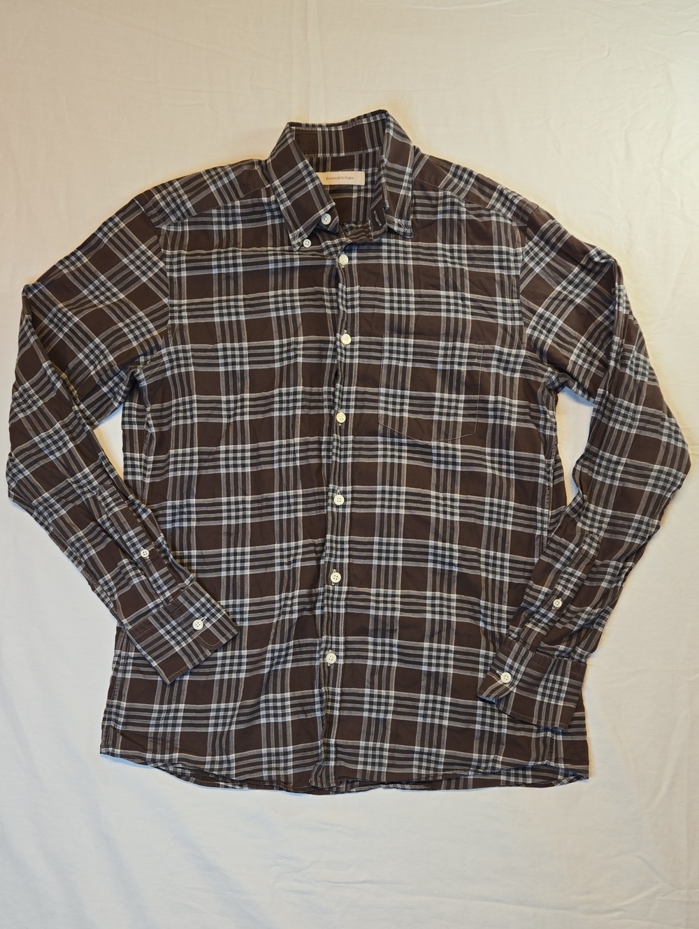 Ermenegildo Zegna Plaid Brown & Grey Button Down Long Sleeve Casual Dress Shirt